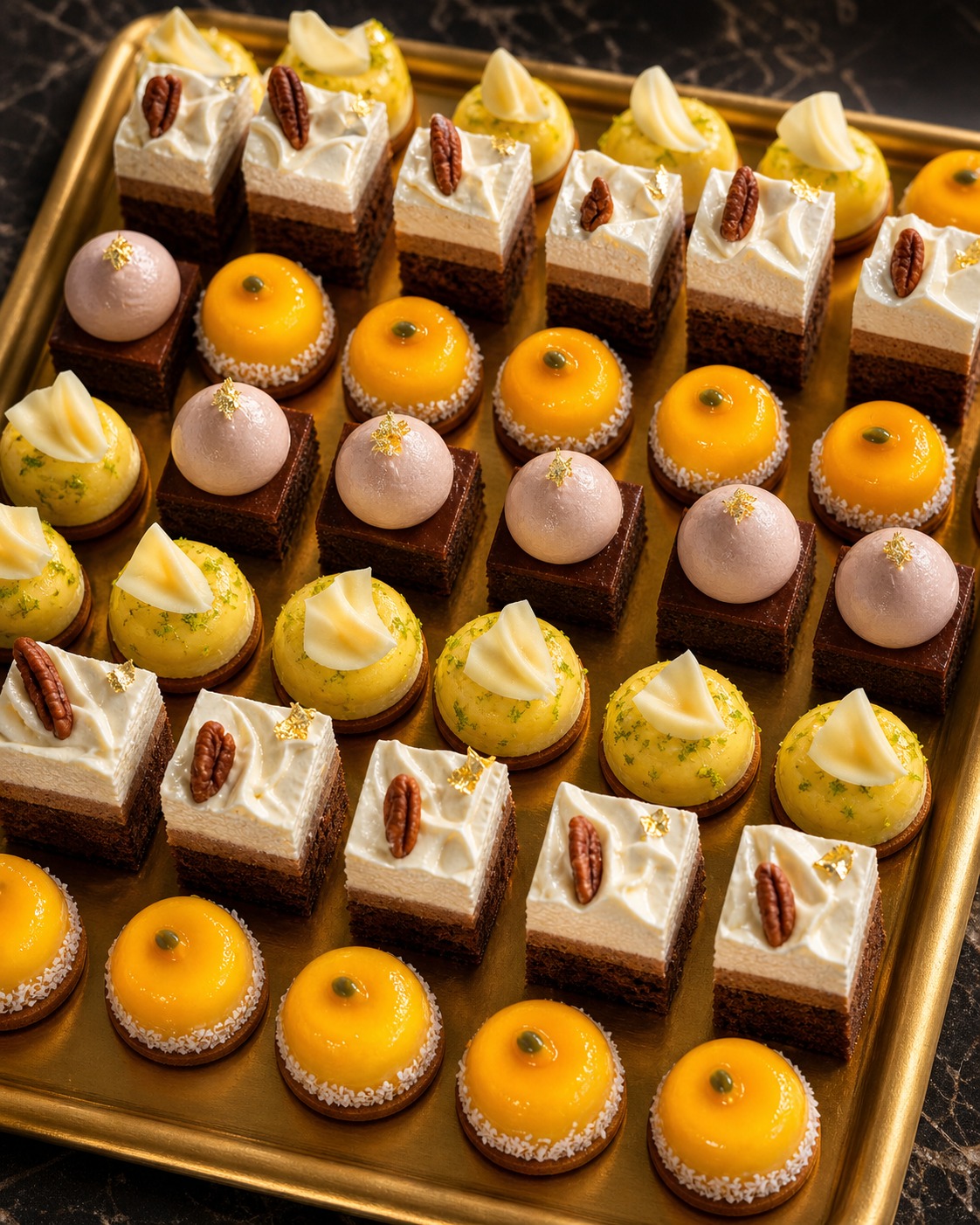 Sélection de pâtisseries Les Belles Envies à index glycémique bas, dressées sur un plateau doré